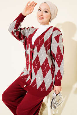 Baklava Desen Düğmeli Triko Hırka İkili Takım Bordo - HATUN