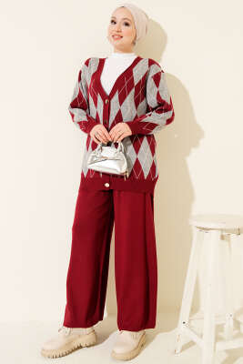 Baklava Desen Düğmeli Triko Hırka İkili Takım Bordo - İkili Takım