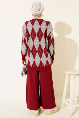 Baklava Desen Düğmeli Triko Hırka İkili Takım Bordo - İkili Takım