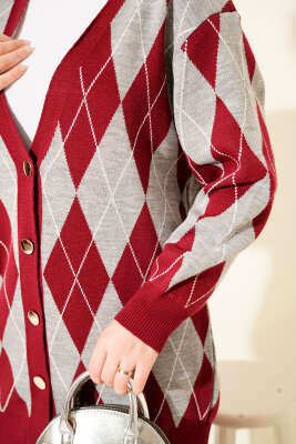 Baklava Desen Düğmeli Triko Hırka İkili Takım Bordo - İkili Takım