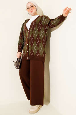 Baklava Desen Düğmeli Triko Hırka İkili Takım Kahve - HATUN
