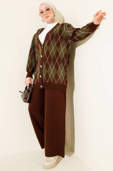 Baklava Desen Düğmeli Triko Hırka İkili Takım Kahve - İkili Takım