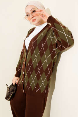 Baklava Desen Düğmeli Triko Hırka İkili Takım Kahve - İkili Takım