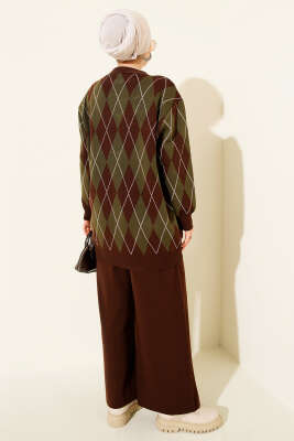 Baklava Desen Düğmeli Triko Hırka İkili Takım Kahve - İkili Takım