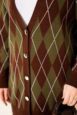 Baklava Desen Düğmeli Triko Hırka İkili Takım Kahve - İkili Takım