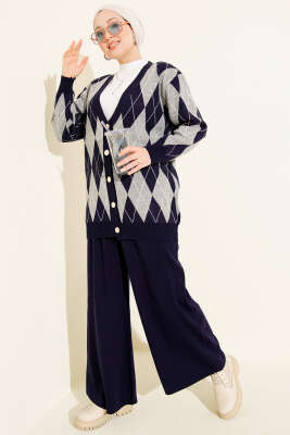 Baklava Desen Düğmeli Triko Hırka İkili Takım Lacivert - HATUN