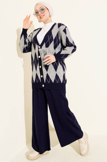 Baklava Desen Düğmeli Triko Hırka İkili Takım Lacivert - İkili Takım