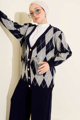 Baklava Desen Düğmeli Triko Hırka İkili Takım Lacivert - İkili Takım