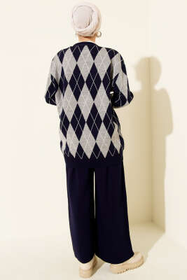 Baklava Desen Düğmeli Triko Hırka İkili Takım Lacivert - İkili Takım