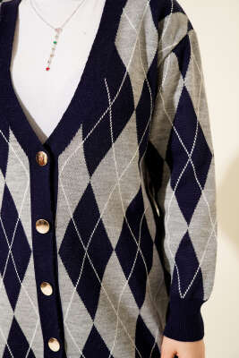 Baklava Desen Düğmeli Triko Hırka İkili Takım Lacivert - İkili Takım