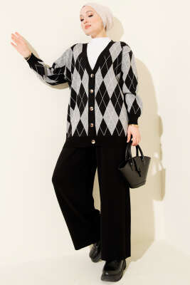 Baklava Desen Düğmeli Triko Hırka İkili Takım Siyah - HATUN