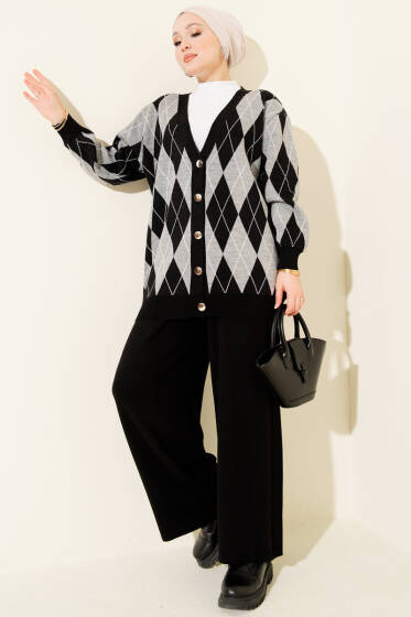 Baklava Desen Düğmeli Triko Hırka İkili Takım Siyah - İkili Takım