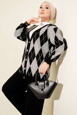 Baklava Desen Düğmeli Triko Hırka İkili Takım Siyah - İkili Takım