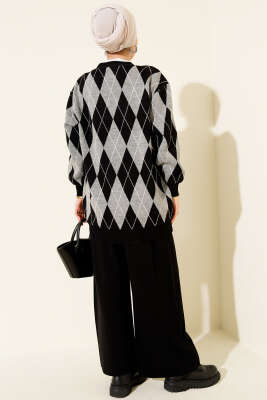 Baklava Desen Düğmeli Triko Hırka İkili Takım Siyah - İkili Takım