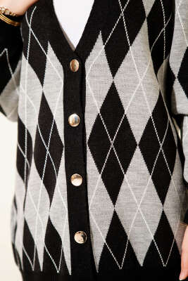 Baklava Desen Düğmeli Triko Hırka İkili Takım Siyah - İkili Takım