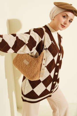 Baklava Desen Düğmeli Triko Hırka Kahve - RAFİMİX