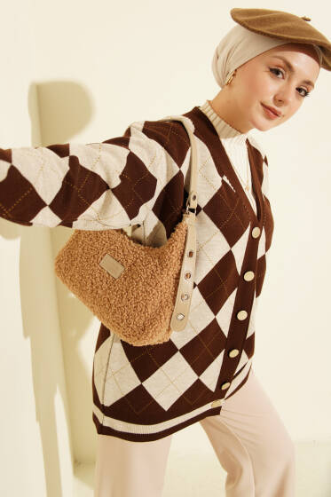 Baklava Desen Düğmeli Triko Hırka Kahve - Hırka