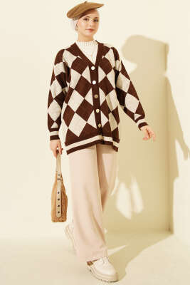 Baklava Desen Düğmeli Triko Hırka Kahve - Hırka