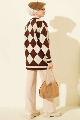 Baklava Desen Düğmeli Triko Hırka Kahve - Hırka