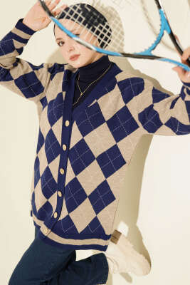 Baklava Desen Düğmeli Triko Hırka Lacivert - RAFİMİX