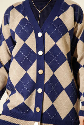 Baklava Desen Düğmeli Triko Hırka Lacivert - Hırka