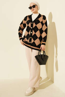 Baklava Desen Düğmeli Triko Hırka Siyah - Hırka