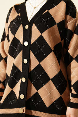 Baklava Desen Düğmeli Triko Hırka Siyah - Hırka