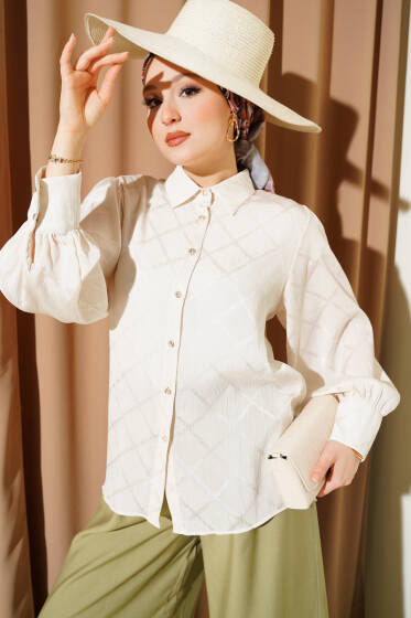 Baklava Desen Jakarlı Gömlek Bej - Gömlek