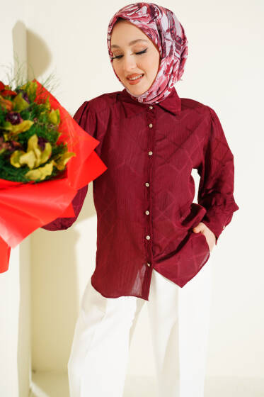 Baklava Desen Jakarlı Gömlek Bordo - Gömlek