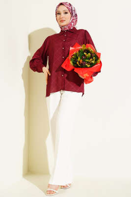 Baklava Desen Jakarlı Gömlek Bordo - Gömlek