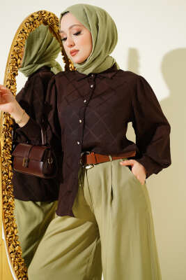 Baklava Desen Jakarlı Gömlek Kahve - MD TREND