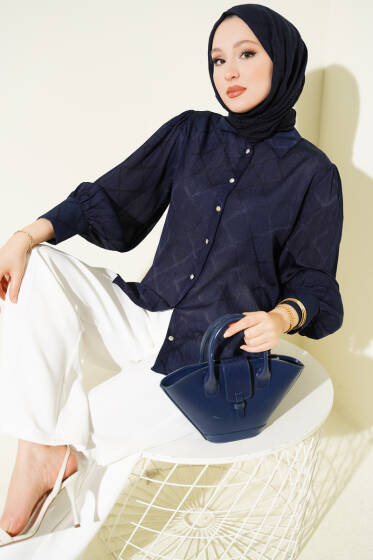 Baklava Desen Jakarlı Gömlek Lacivert - Gömlek