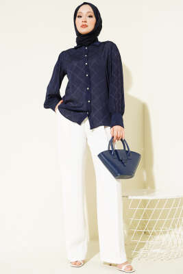 Baklava Desen Jakarlı Gömlek Lacivert - Gömlek