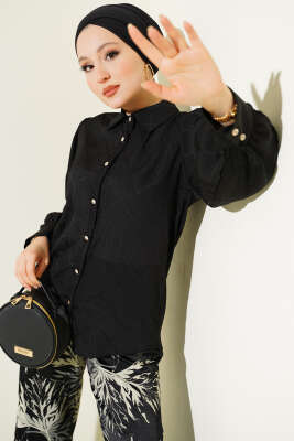 Baklava Desen Jakarlı Gömlek Siyah - MD TREND