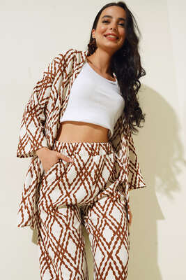 Baklava Desen Kimono Takım Kahve - Kadın Giyim Modelleri