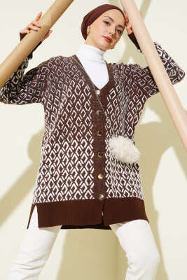 Baklava Desen Sakallı Düğmeli Triko Hırka Kahve - SUDE NAZ