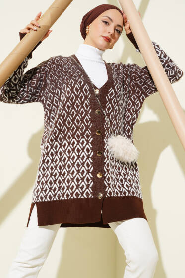 Baklava Desen Sakallı Düğmeli Triko Hırka Kahve - Hırka