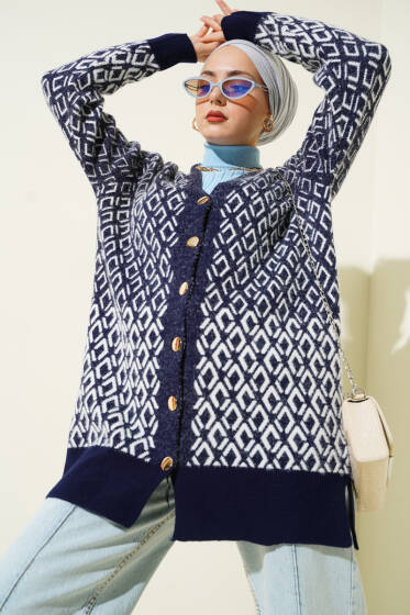 Baklava Desen Sakallı Düğmeli Triko Hırka Lacivert - Hırka