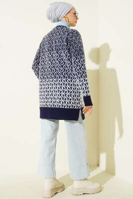Baklava Desen Sakallı Düğmeli Triko Hırka Lacivert - Hırka