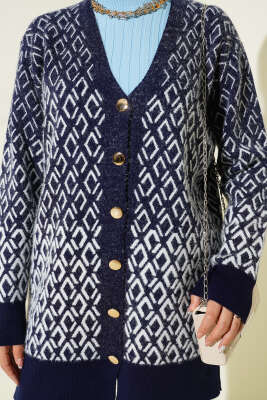 Baklava Desen Sakallı Düğmeli Triko Hırka Lacivert - Hırka