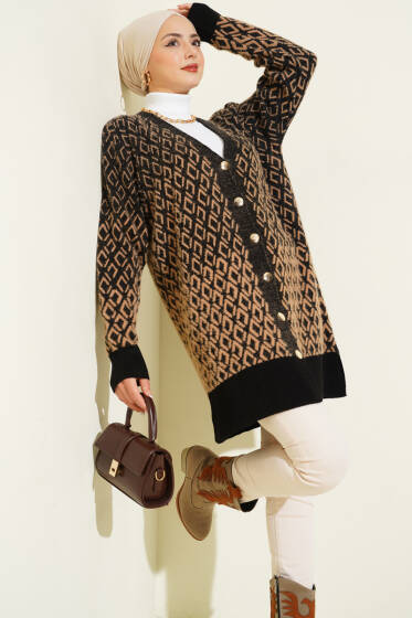 Baklava Desen Sakallı Düğmeli Triko Hırka Siyah Camel - Hırka