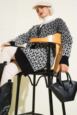 Baklava Desen Sakallı Düğmeli Triko Hırka Siyah - SUDE NAZ