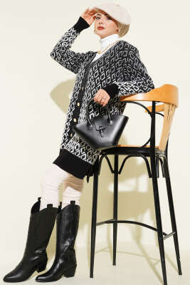 Baklava Desen Sakallı Düğmeli Triko Hırka Siyah - Hırka