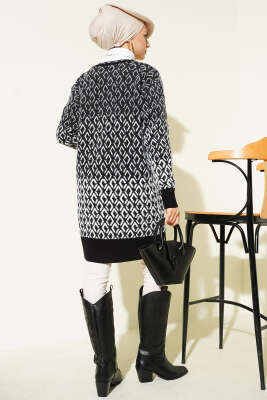 Baklava Desen Sakallı Düğmeli Triko Hırka Siyah - Hırka