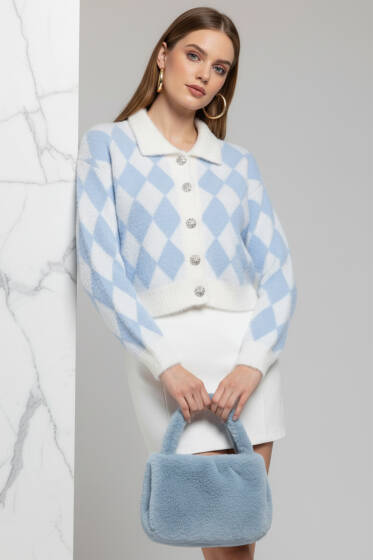 Baklava Desen Sakallı Kısa Triko Hırka Mavi - Kadın Giyim Modelleri