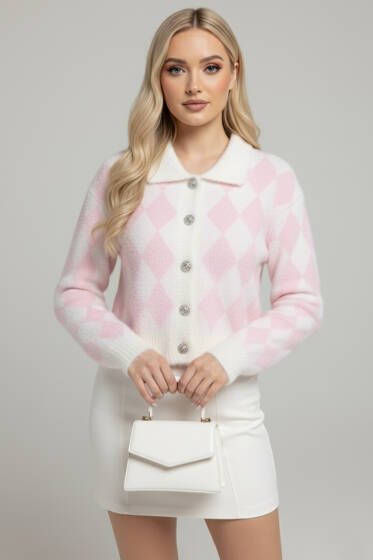 Baklava Desen Sakallı Kısa Triko Hırka Pembe - Kadın Giyim Modelleri