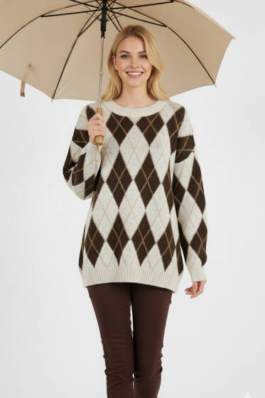 Baklava Desen Şardonlu Kazak Bej - Kadın Giyim Modelleri