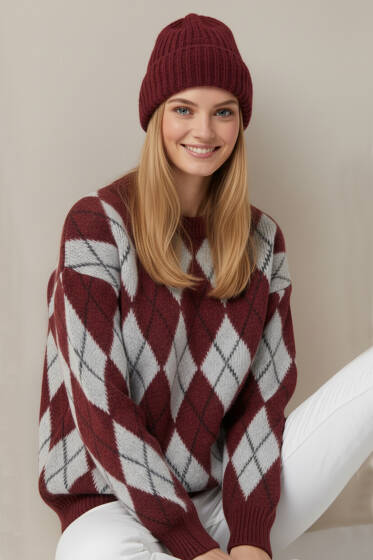 Baklava Desen Şardonlu Kazak Bordo - Kadın Giyim Modelleri