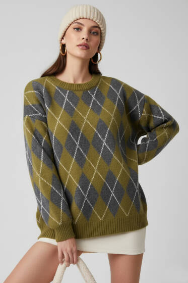 Baklava Desen Şardonlu Kazak Çağla Yeşili - Kadın Giyim Modelleri