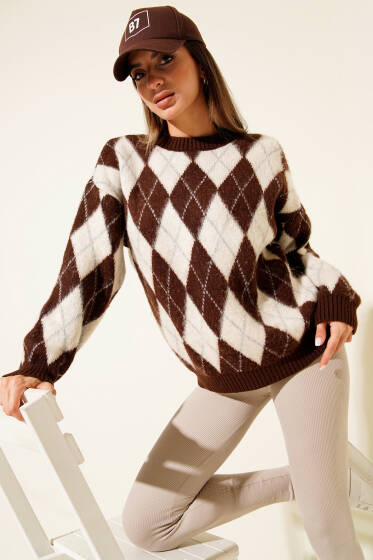 Baklava Desen Şardonlu Kazak Kahve - Kadın Giyim Modelleri